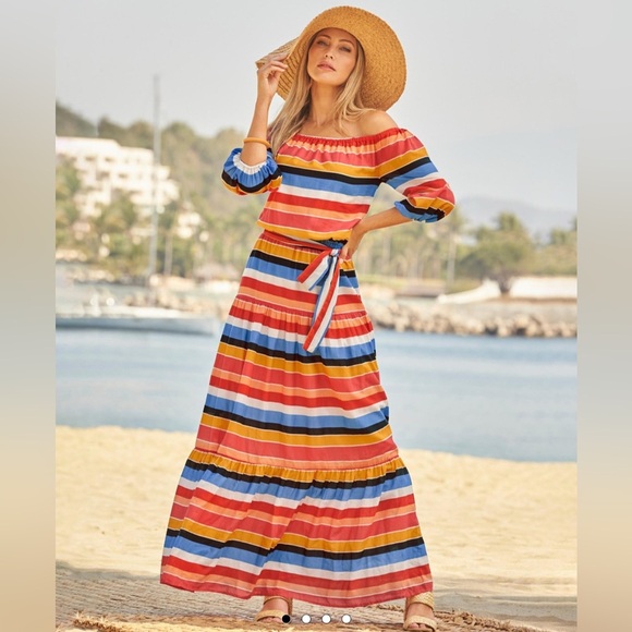 Boston Proper Striped Off-Shoulder Maxi Dress - Picture 3 of 9